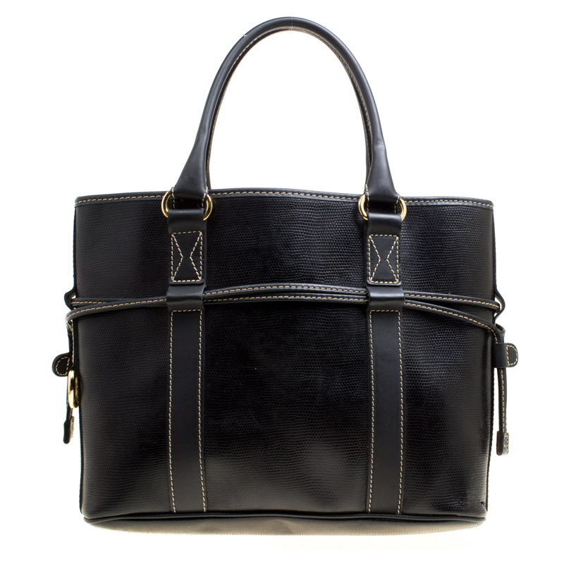 Lancel Lizard Embossed Black Leather Tote