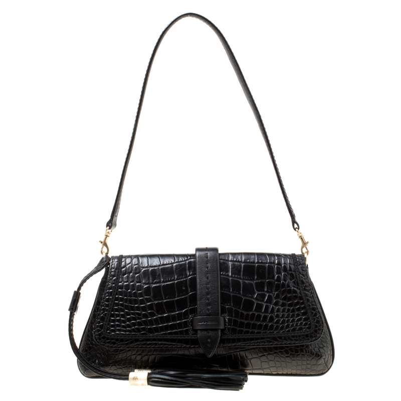 Pre Owned Lancel Black Croc Embossed Leather Flirt Clutch