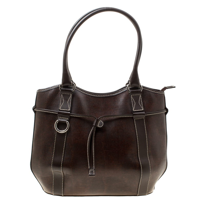 Lancel Brown Lizard Embossed Leather Tote