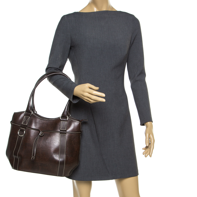 

Lancel Brown Lizard Embossed Leather Tote