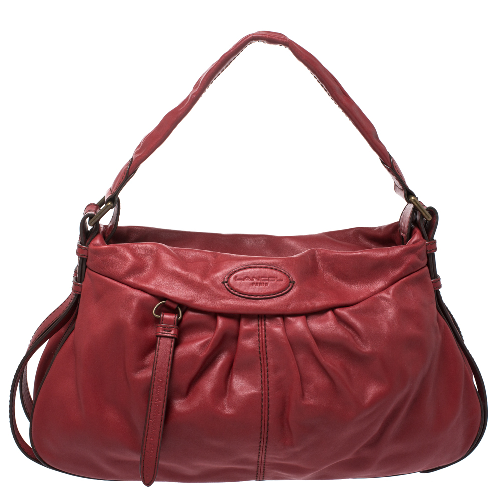 Pre Owned Lancel Red Pleated Leather Satchel