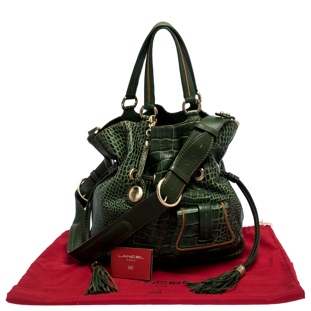 Lancel Green Croc Embossed Leather Premier Flirt Bucket Bag Lancel