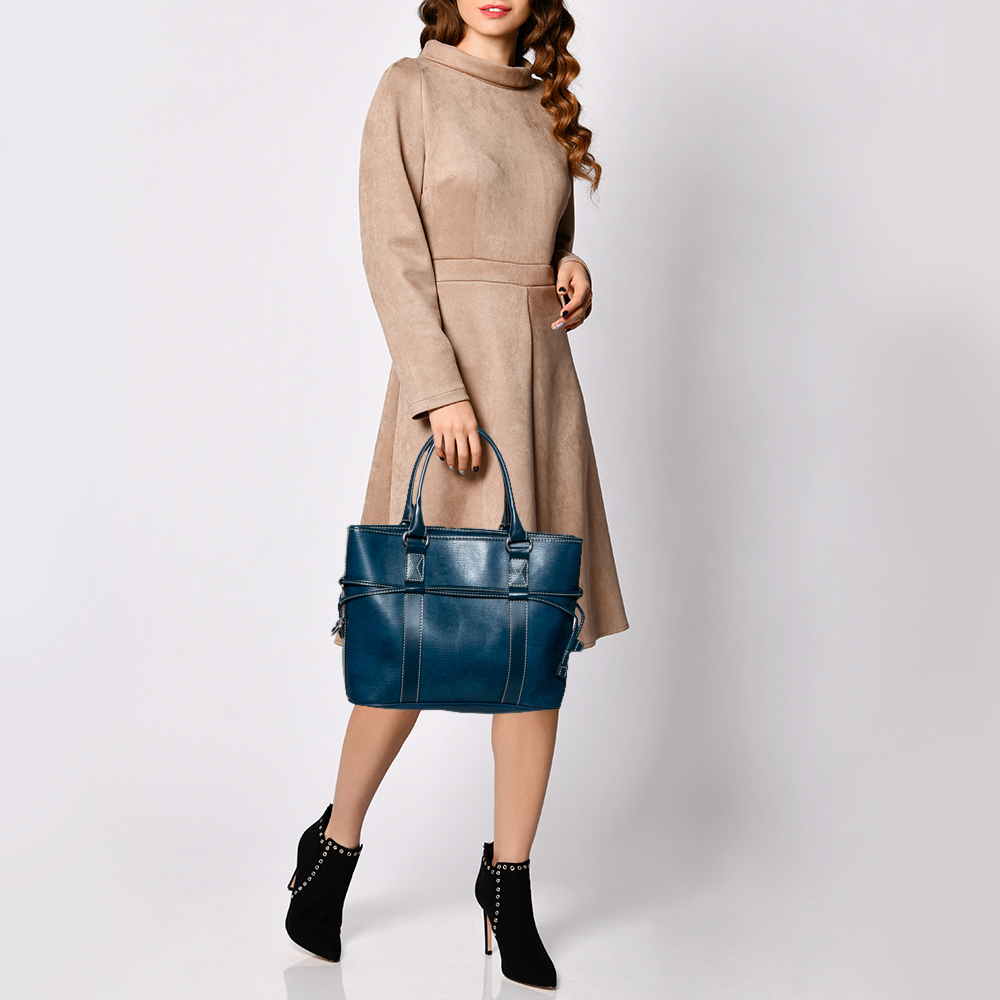 

Lancel Blue Lizard Embossed Leather Drawstring Tote