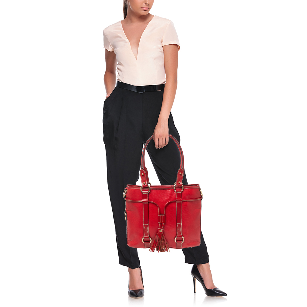 

Lancel Red Leather Tassel Front Tote