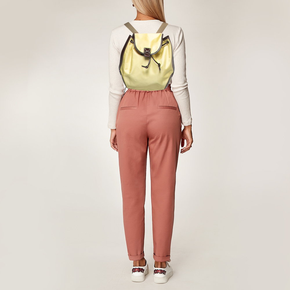 

Lancel Yellow/Dark Brown Nylon and Leather Drawstring Backpack