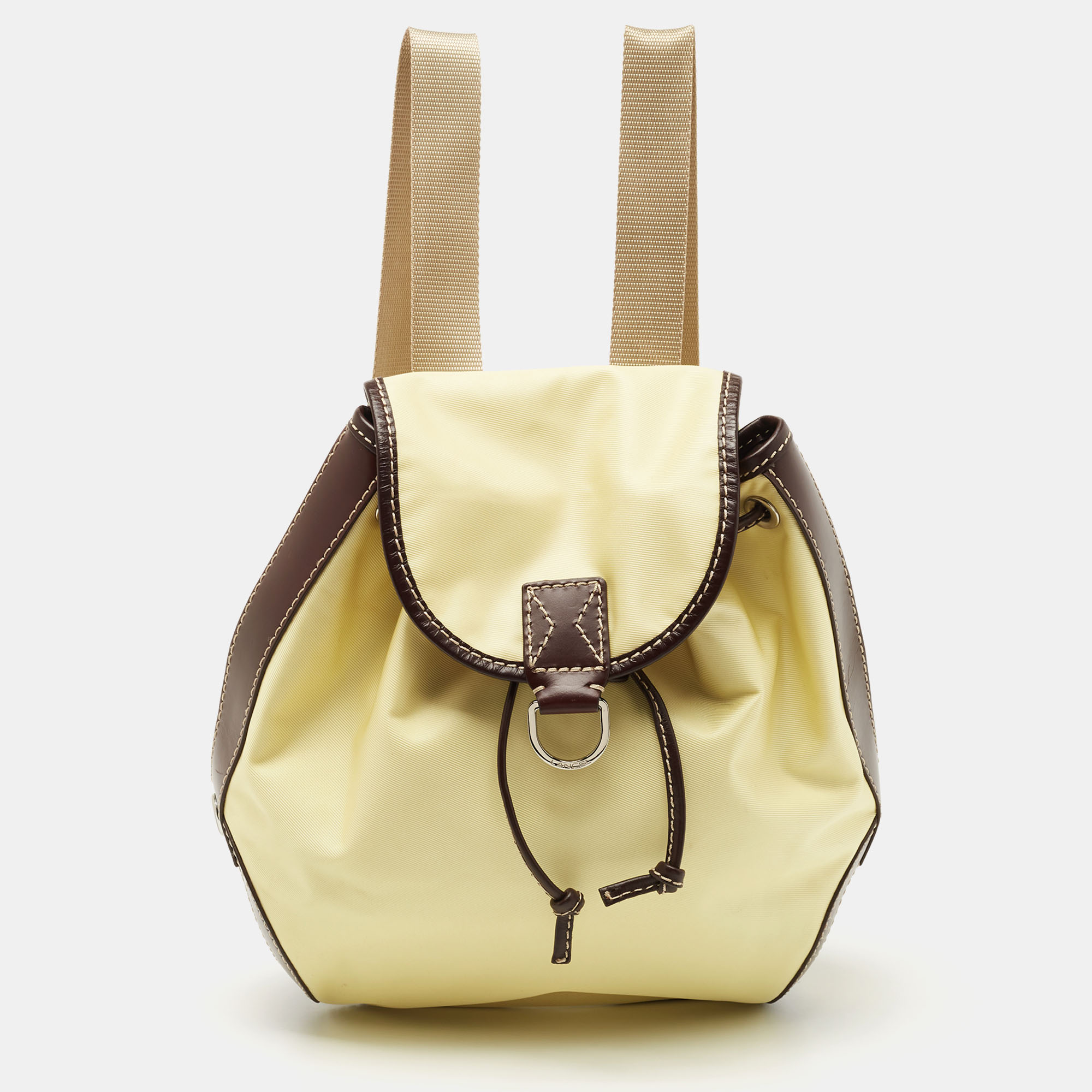 Pre-owned Lancel Yellow/dark Brown Nylon And Leather Drawstring Backpack