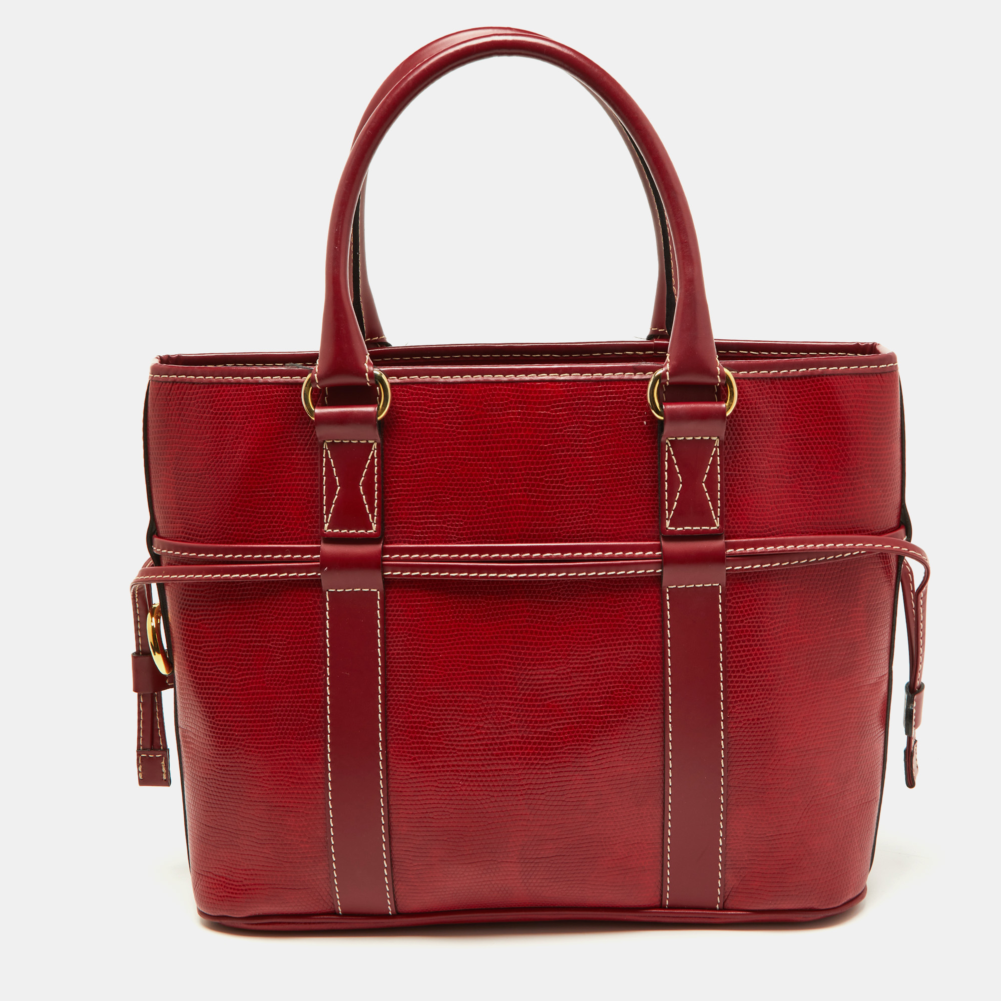 Pre-owned Lancel Red Embossed Leather Drawstring Tote