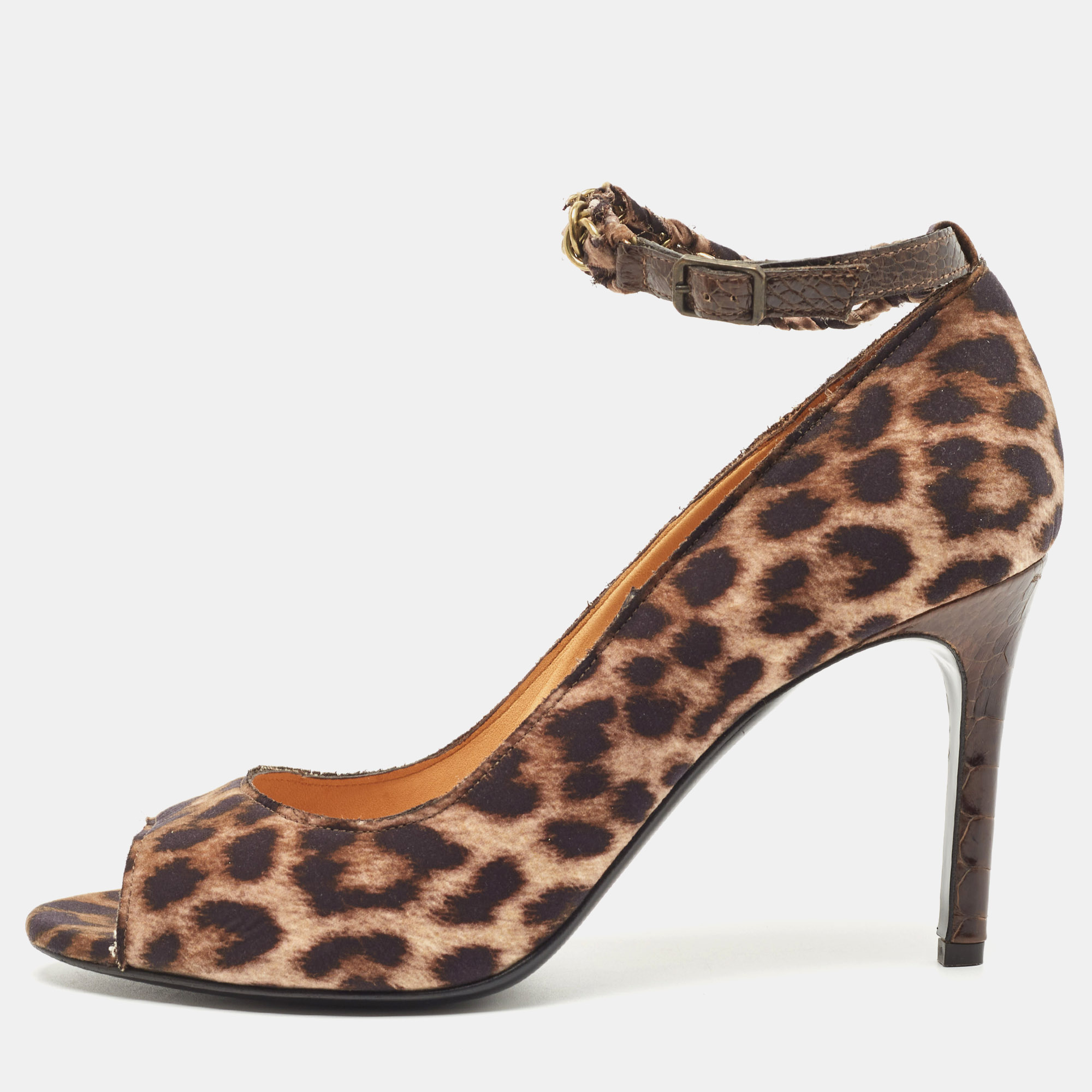 Pre-owned Lanvin Two Tone Leopard Print Fabric Open Toe Pumps Size 40 In Brown