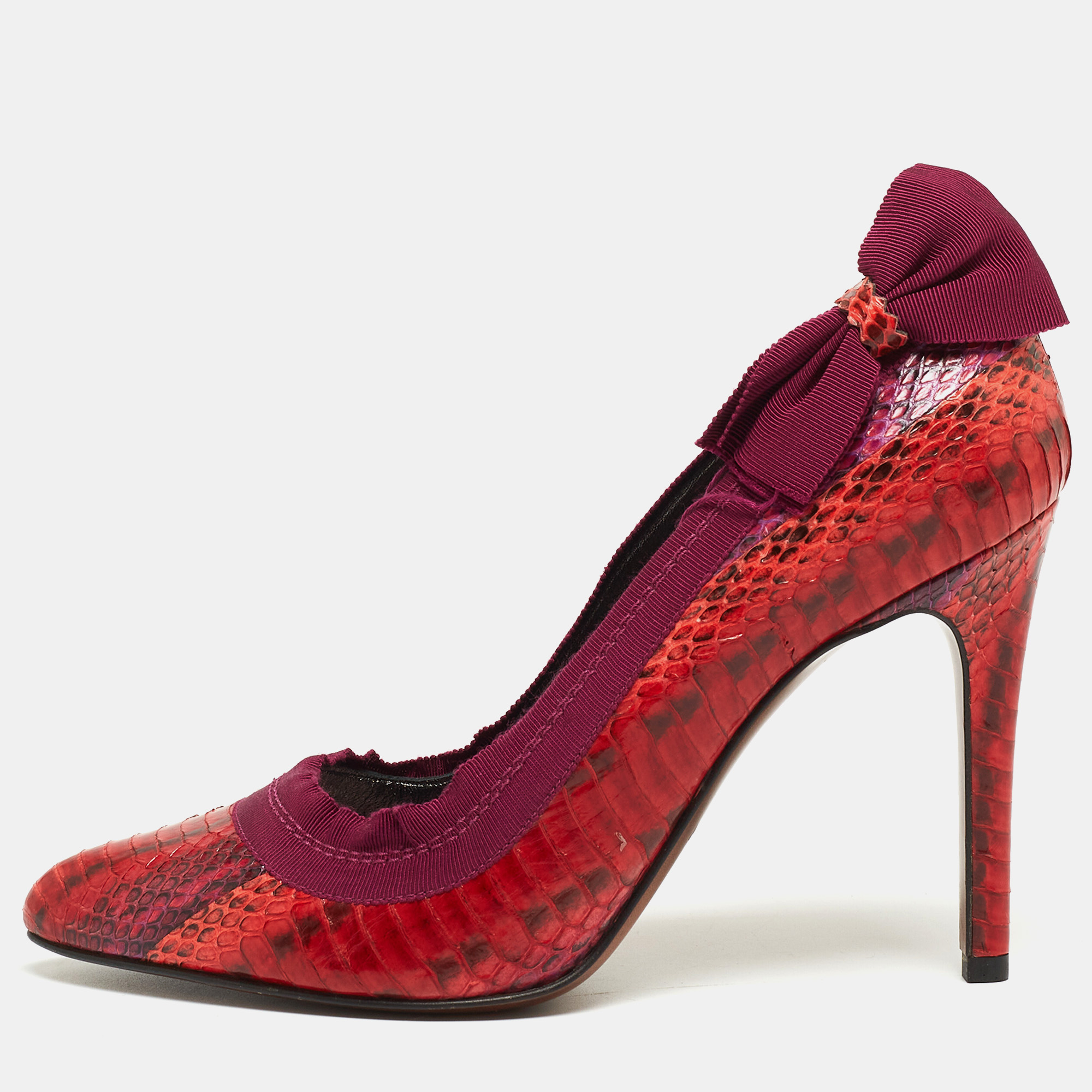 Pre-owned Lanvin Red/purple Python And Fabric Bow Pumps Size 38