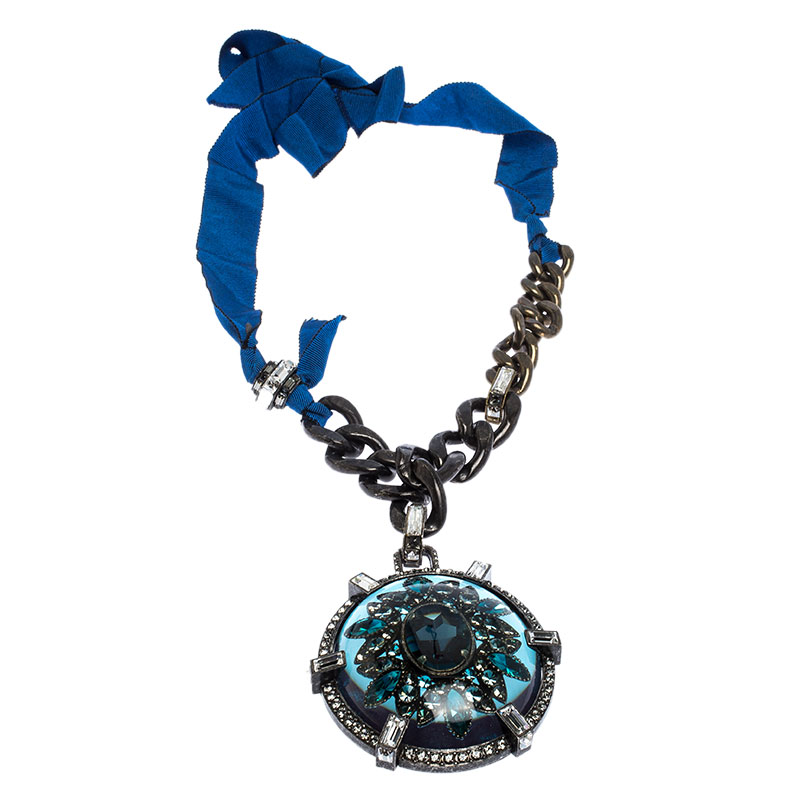 

Lanvin Two Tone Chain Crystal Embellished Cabochon Pendant Ribbon Necklace, Blue