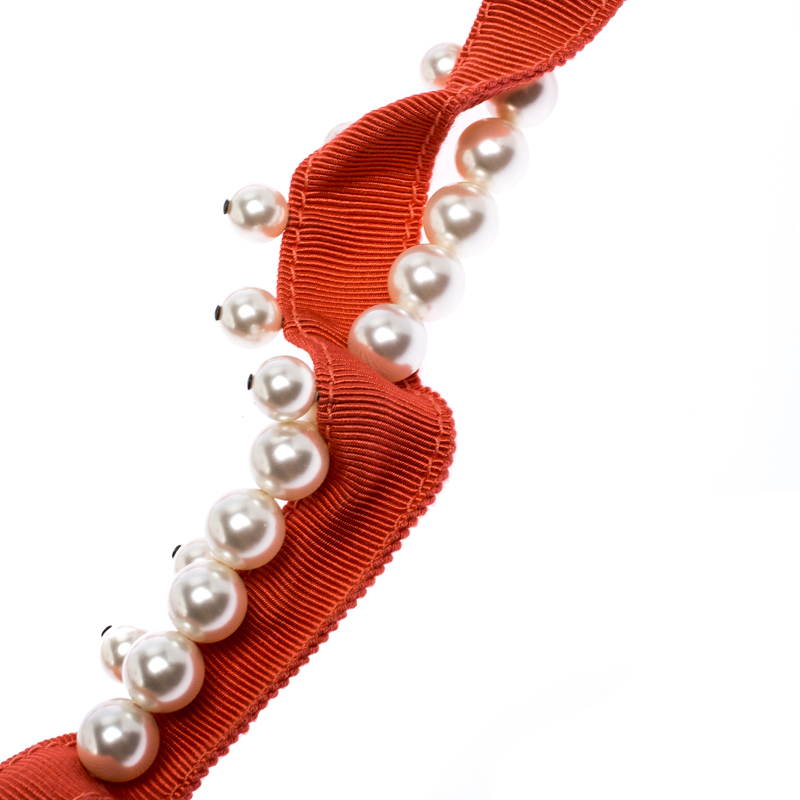 

Lanvin Orange Fabric Faux Pearl Strand Long Tie-up Necklace