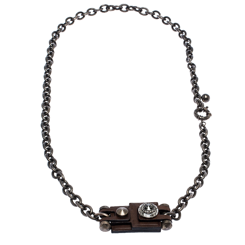 

Lanvin Leather Crystal Motif Long Chain Link Statement Necklace, Brown