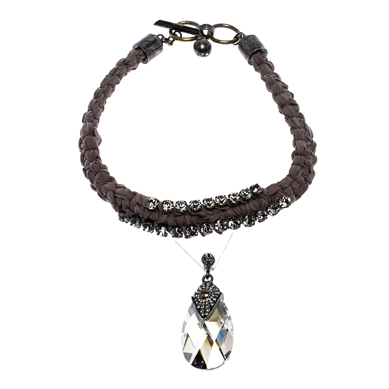 Pre Owned Lanvin Crystal Embellished Fabric Woven Statement Toggle Necklace