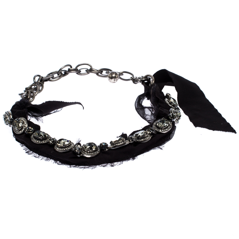 

Lanvin Crystal Embellished Black Fabric Silver Tone Statement Necklace