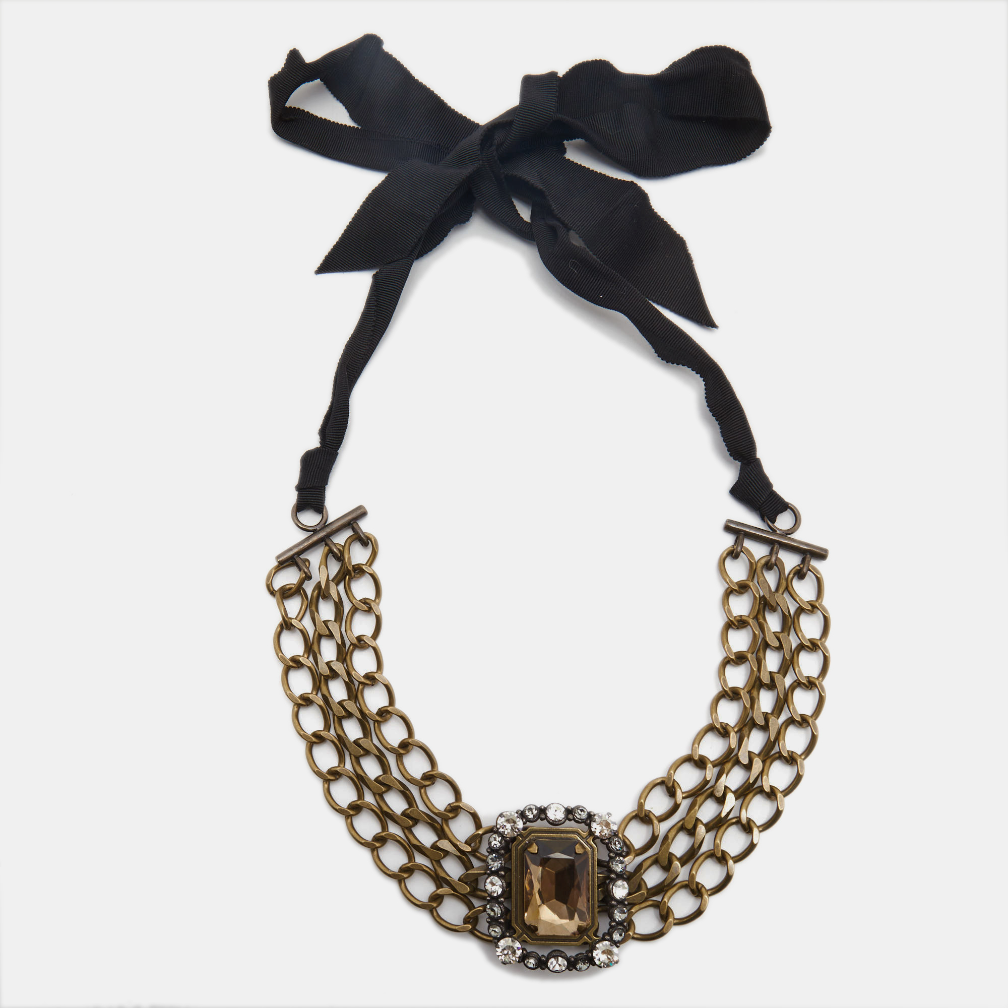 Pre-owned Lanvin Crystals Gold Tone Fabric Necklace