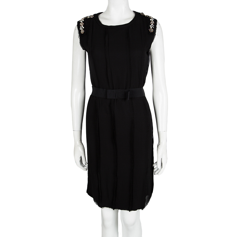 

Lanvin Black Knit Sleeve Embellished Belted Dress