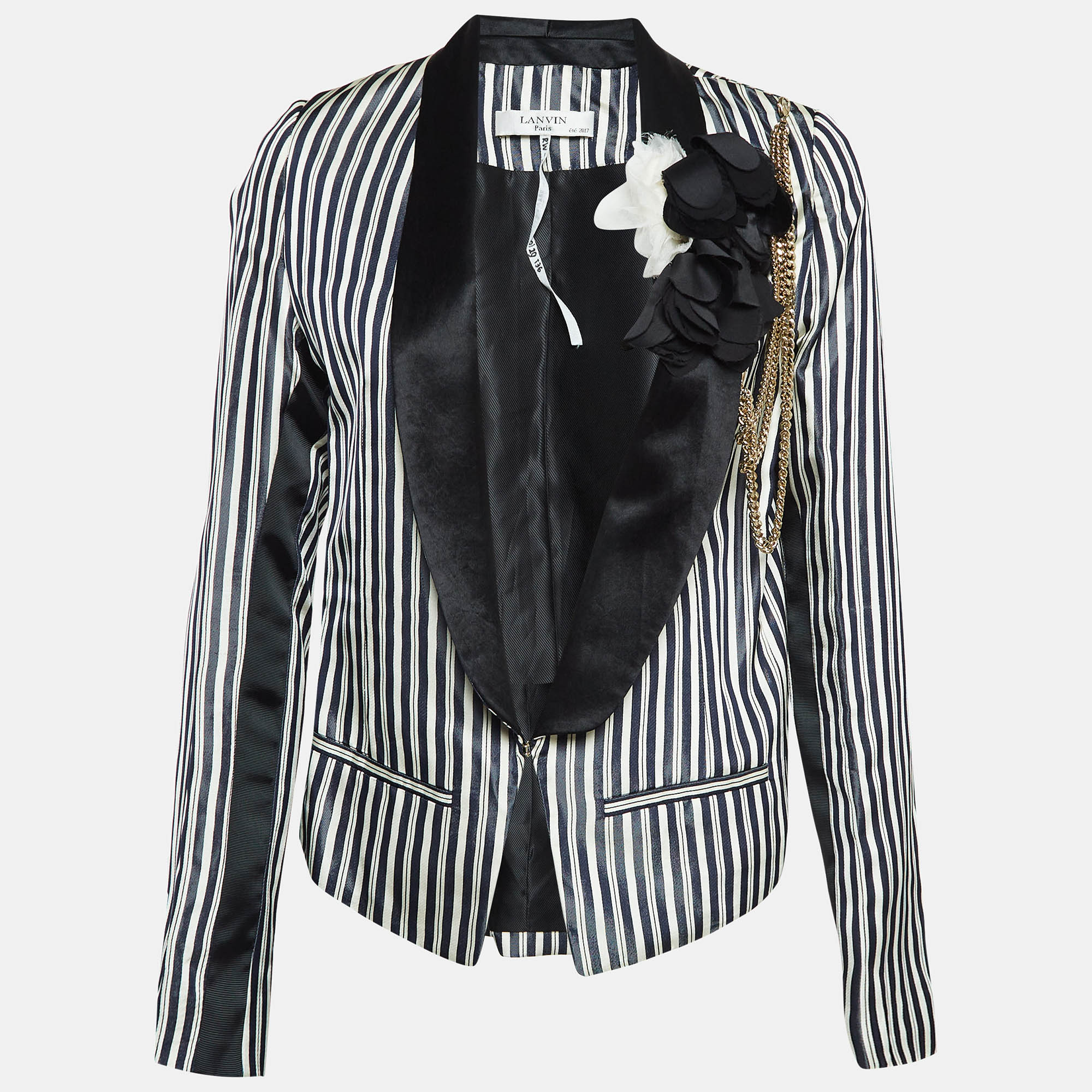 

Lanvin Navy Blue/White Stripe Embellished Satin Blazer S