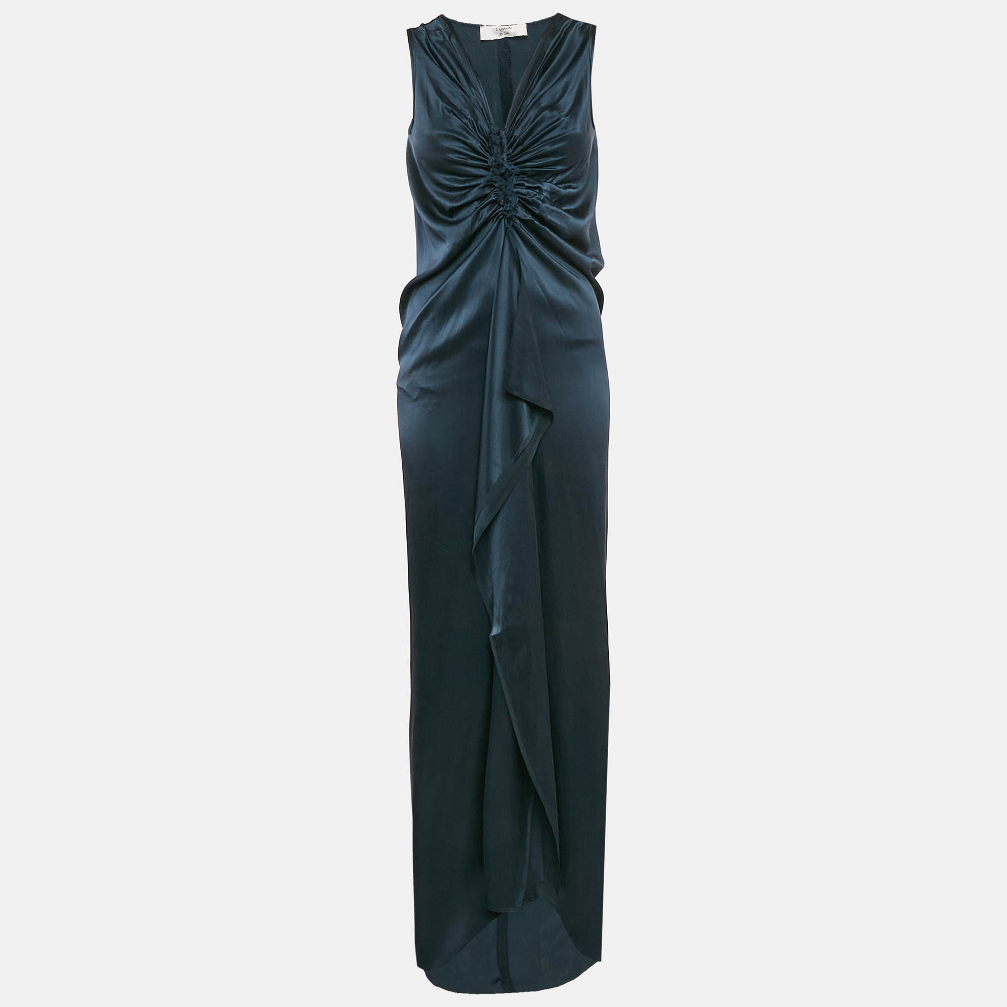 

Lanvin Blue Satin Silk Frayed Asymmetric Sleeveless Maxi Dress S