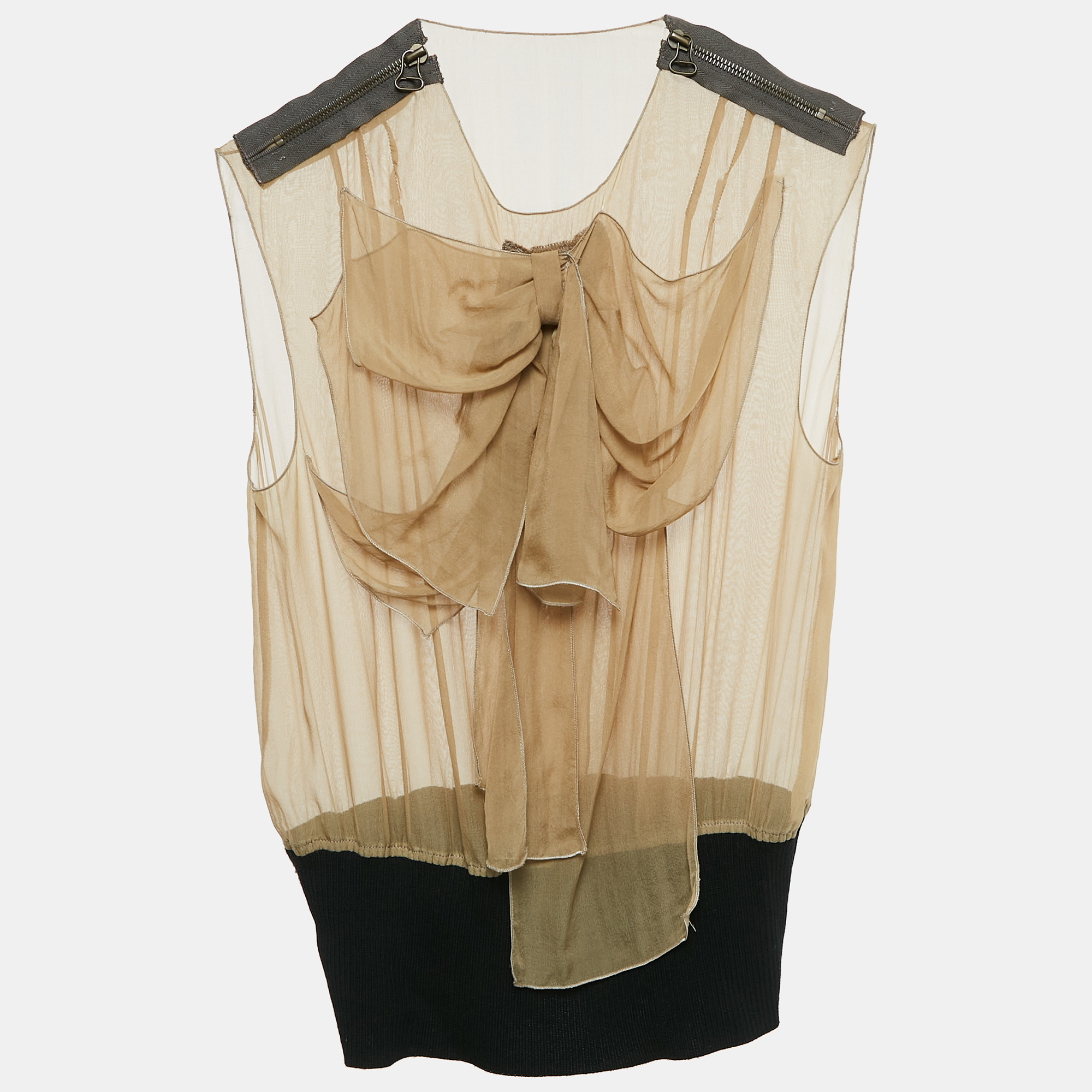 

Lanvin Beige Sheer Silk Bow Detail Sleeveless Top S