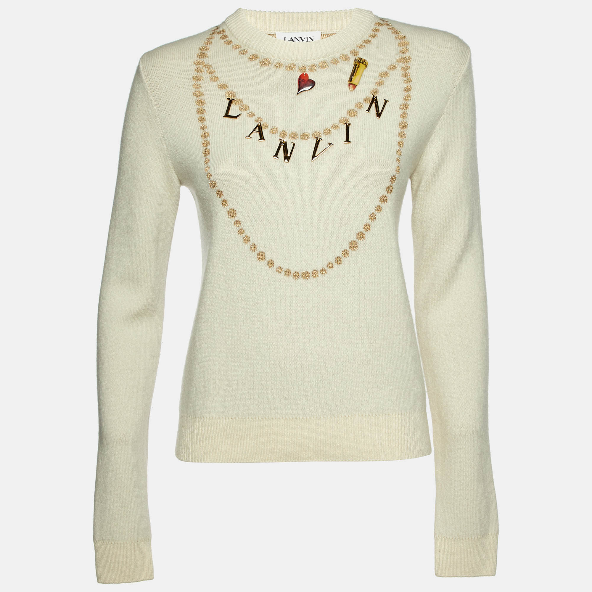 

Lanvin Cream Cashmere & Wool Knit Logo Charm Detail Sweater S