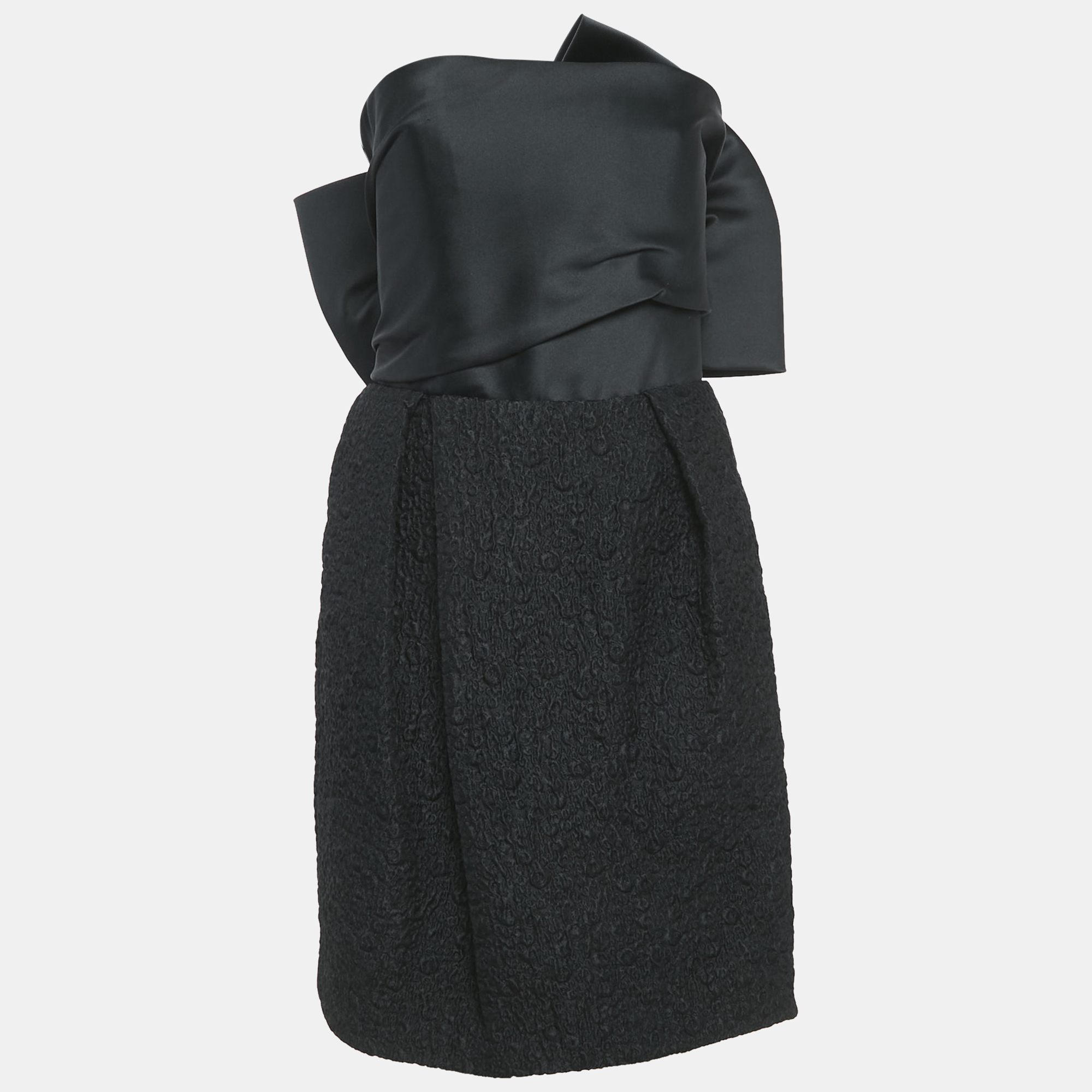 

Lanvin Black Satin and Textured Jacquard Bow Detail Strapless Mini Dress M