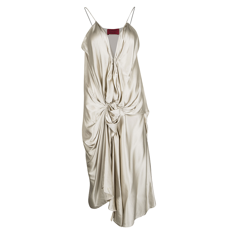 Pre Owned Lanvin Beige Silk Satin Draped Zip Detail Sleeveless Dress L