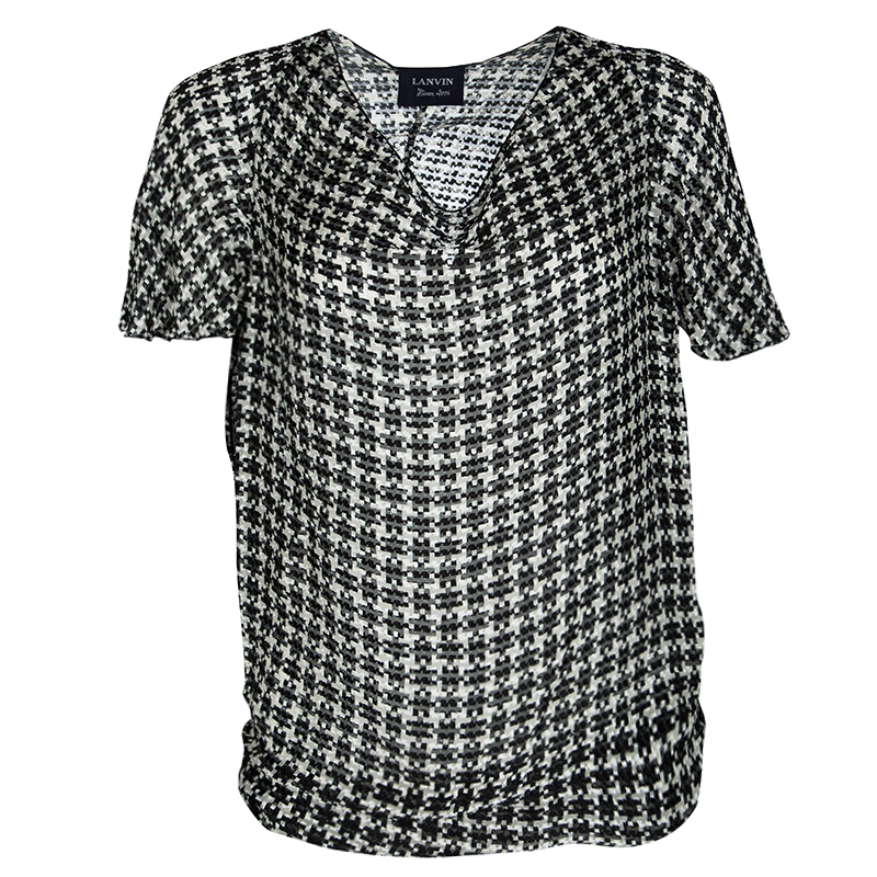 Pre Owned Lanvin Monochrome Textured Houndstooth Pattern Short Sleeve Top S