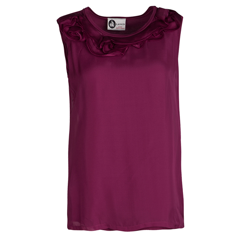 Pre Owned Lanvin Dark Pink Ruffle Detail Silk Sleeveless Top S