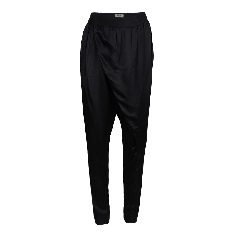 Pre Owned Lanvin Black Satin Draped Crossover Front Detail Pants S