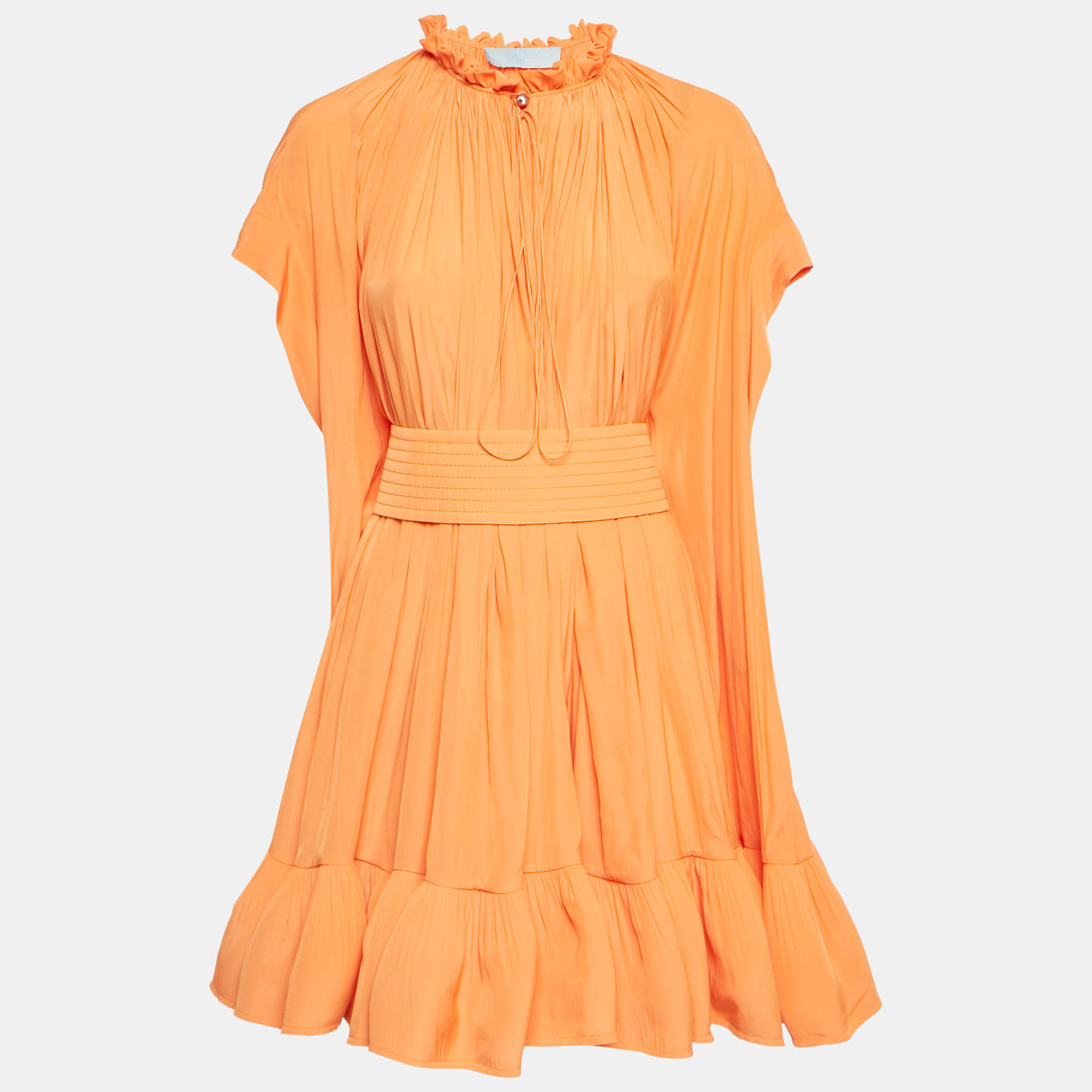 

Lanvin Orange Crepe Cape Detail Ruffled Charmeuse Dress L