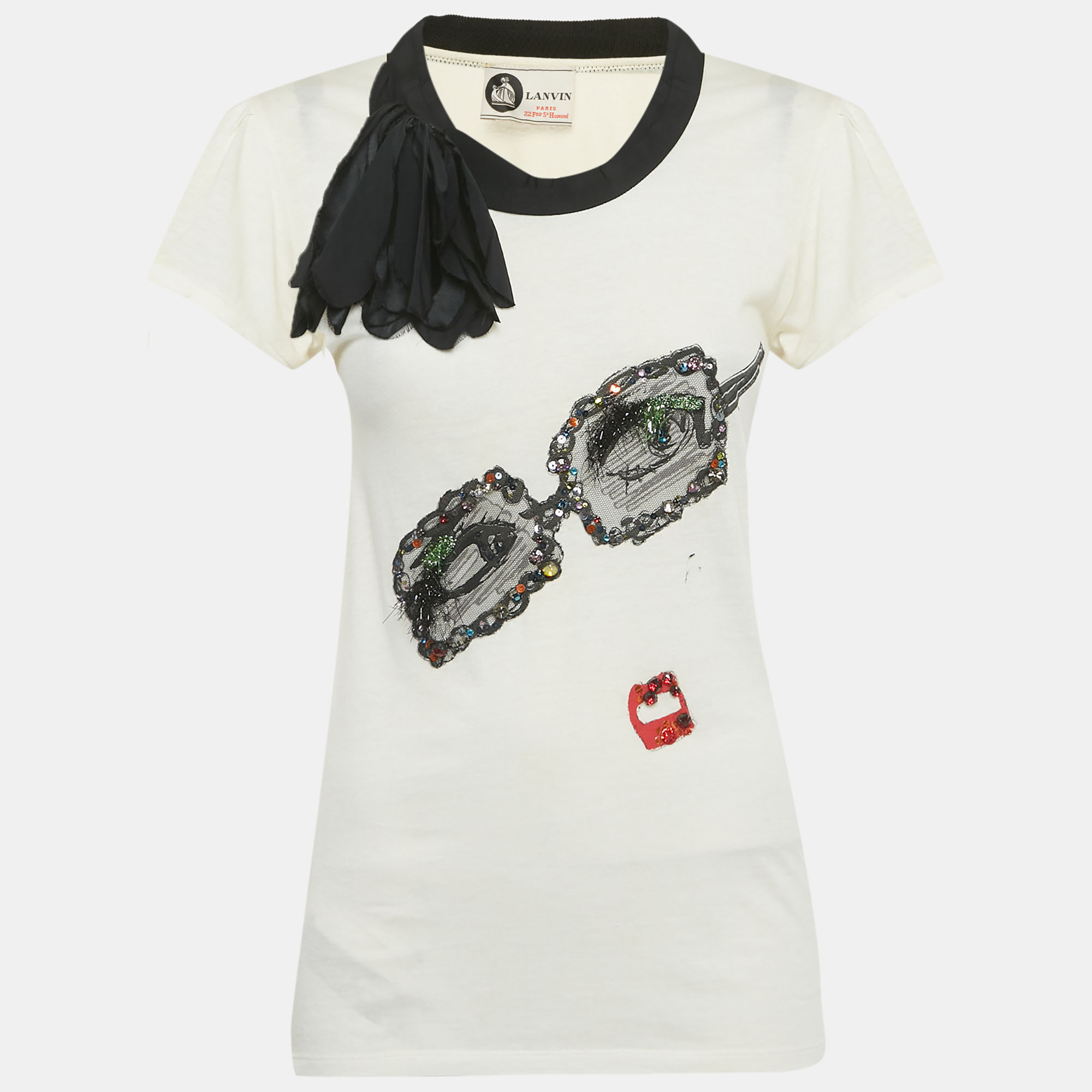 Pre-owned Lanvin Cream Flower Applique Embellished Cotton Blend T-shirt S In White