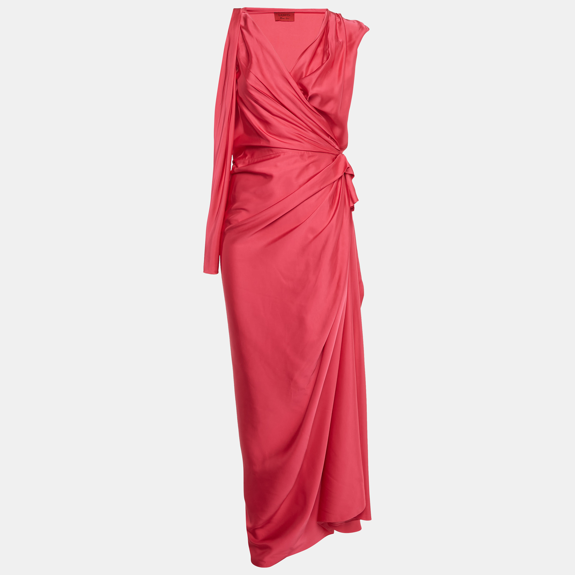 Pre-owned Lanvin Pink Satin Draped Wrap Maxi Dress S