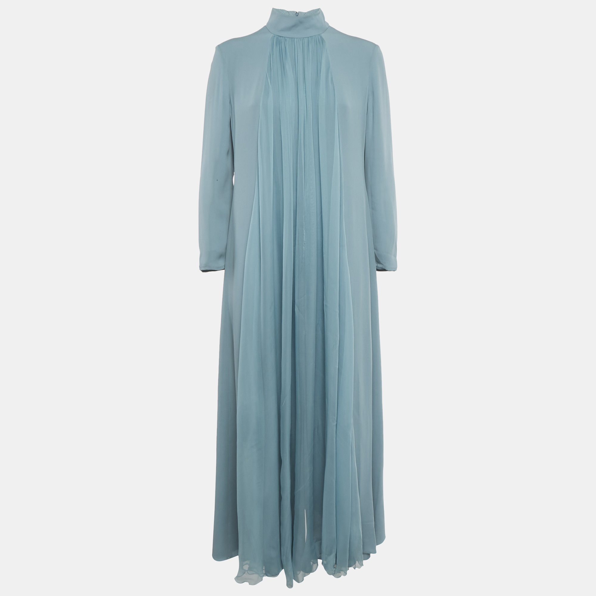 Pre-owned Lanvin Slate Blue Silk Drape Detail Maxi Dress L