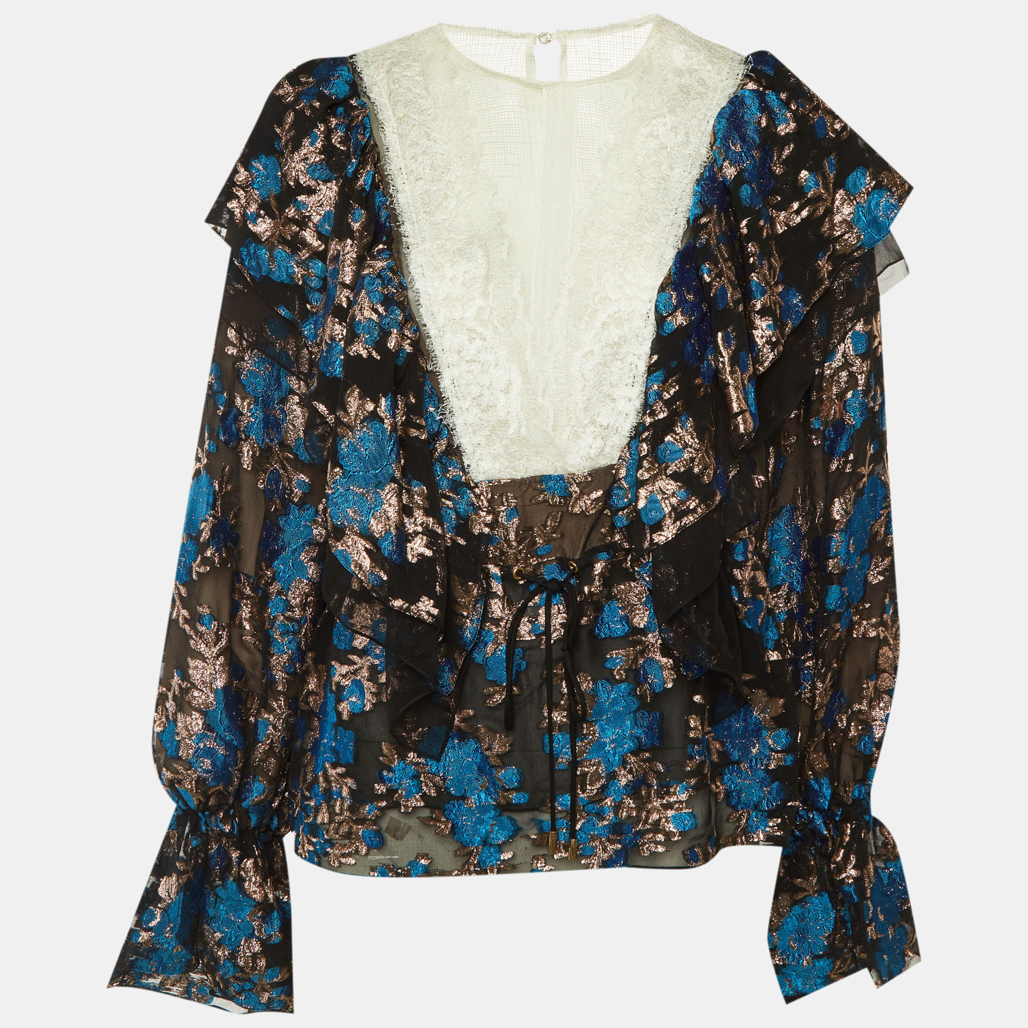 

Lanvin Black Floral Brocade & Lace Ruffled Blouse M