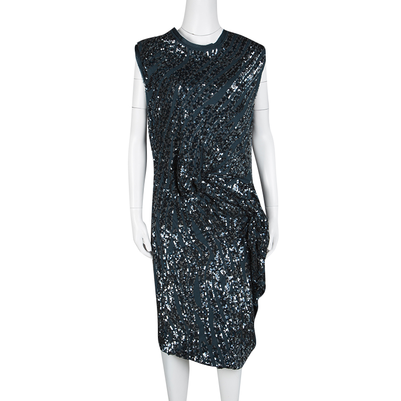 

Lanvin Teal Blue Sequined Draped Sleeveless Dress