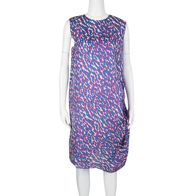 

Lanvin Multicolor Animal Printed Silk Frayed Hem Pleat Detail Sleeveless Dress