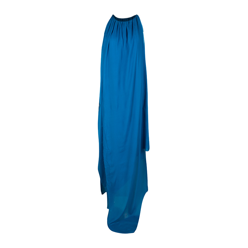 Lanvin Blue Draped Silk Frayed Edge Detail Sleeveless Asymmetric Dress M