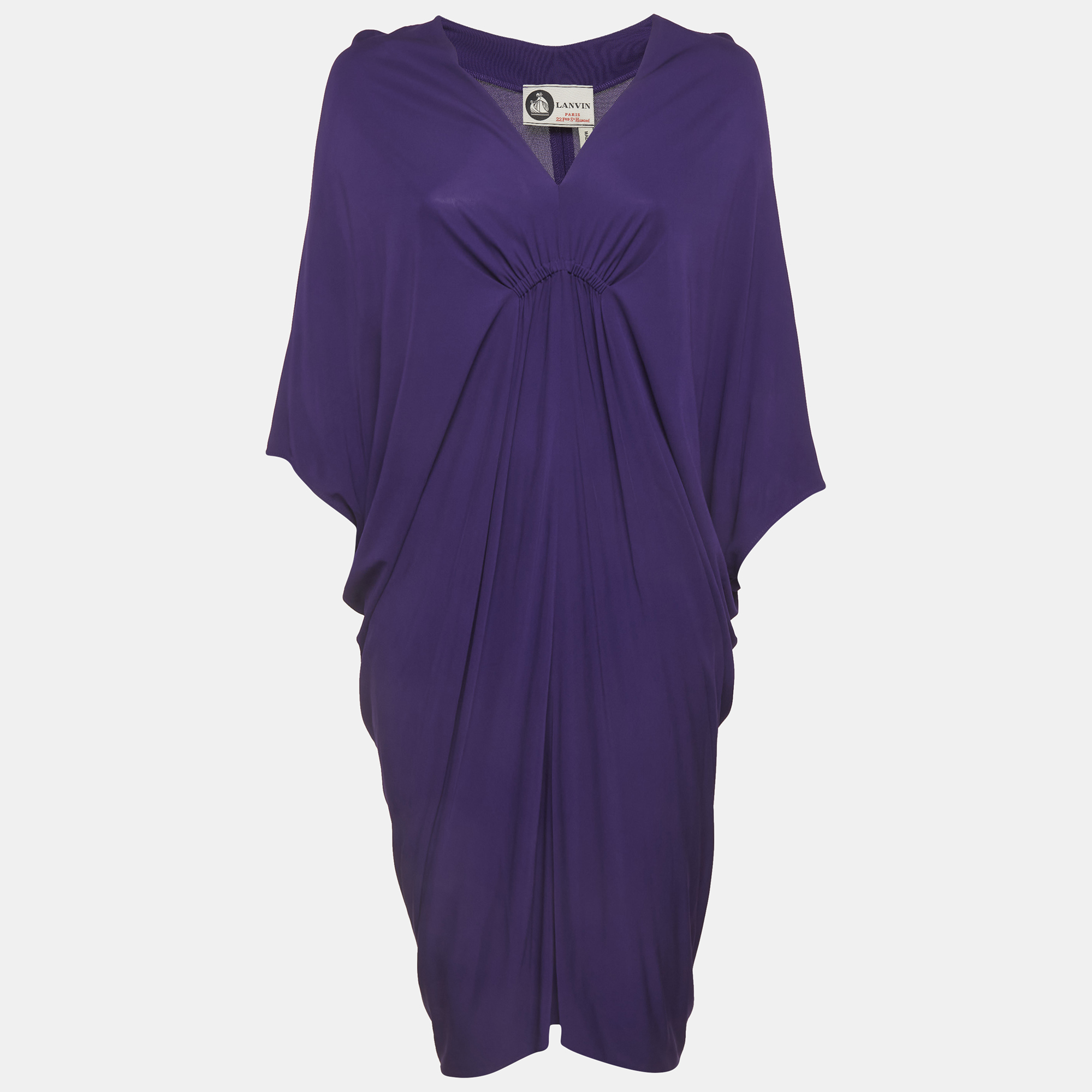 

Lanvin Purple Stretch Knit Ruched V-Neck Mini Dress