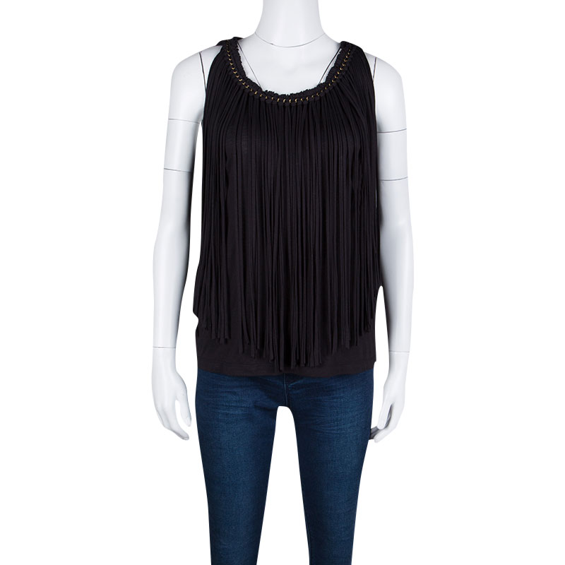 

Lanvin Black Jersey Fringed Racer Back Sleeveless Top