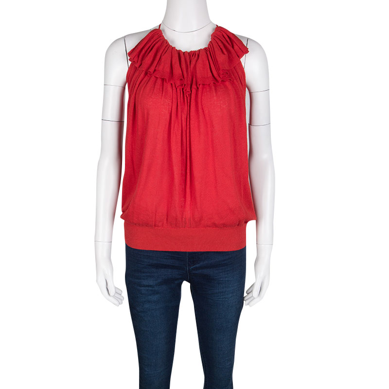 

Lanvin Red Knit Ruffle Detail Halter Top