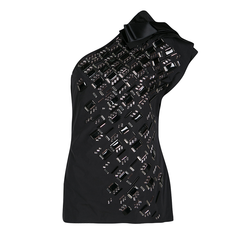 Pre Owned Lanvin Black Embellished Bow Detail One Shoulder Top M