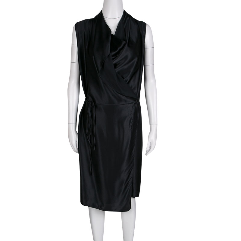 

Lanvin Black Draped Silk Satin Sleeveless Belted Dress