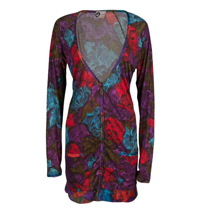 Pre Owned Lanvin Multicolor Floral Print Jersey Silk Trim Detail Long Cardigan S