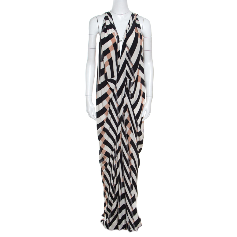Lanvin Multicolor Chevron Patterned Silk Draped Maxi Dress L