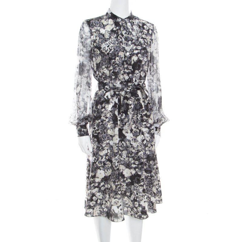 

Lanvin Dark Grey Floral Printed Silk Belted Midi Dress