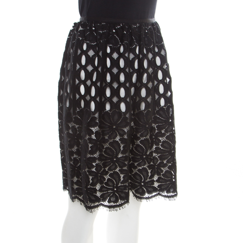 

Lanvin Black Floral Cutout Lace Scalloped Bottom Gathered Skirt