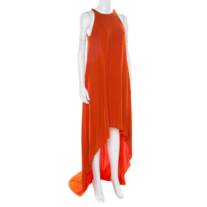 Pre-owned Lanvin Orange Crepe Metal Neck Embellished Sleeveless High Low Dress M