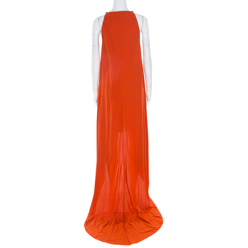 Pre-owned Lanvin Orange Crepe Metal Neck Embellished Sleeveless High Low Dress M