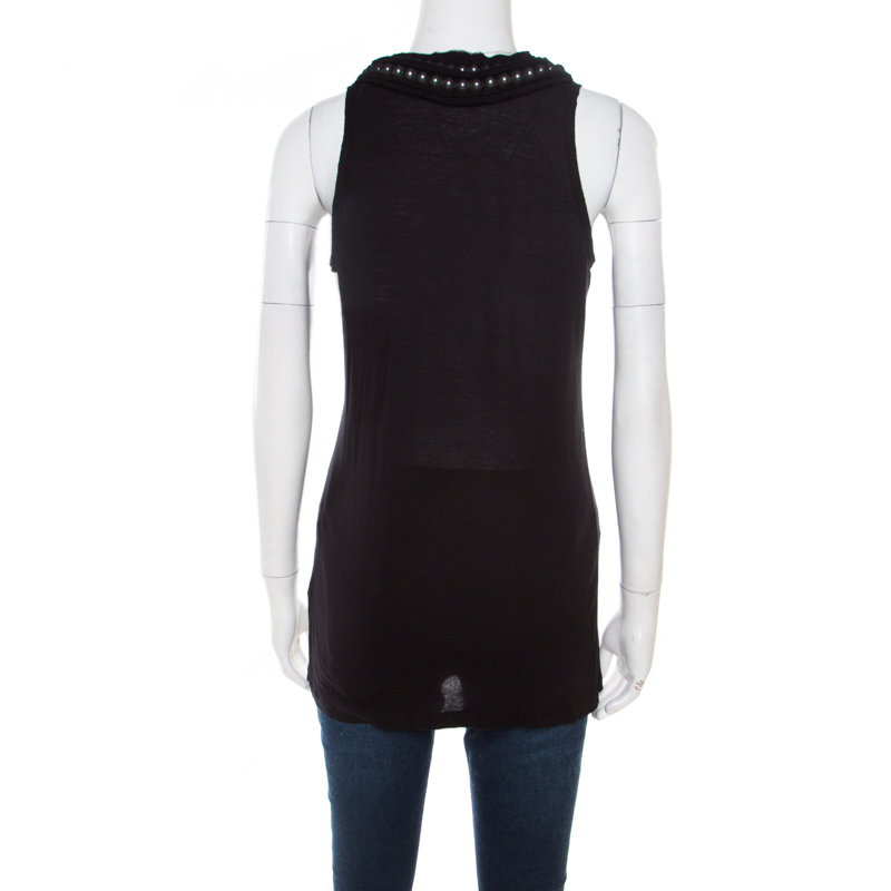 Pre-owned Lanvin Black Embellished Neck Raw Edge Detail Tank Top Xs