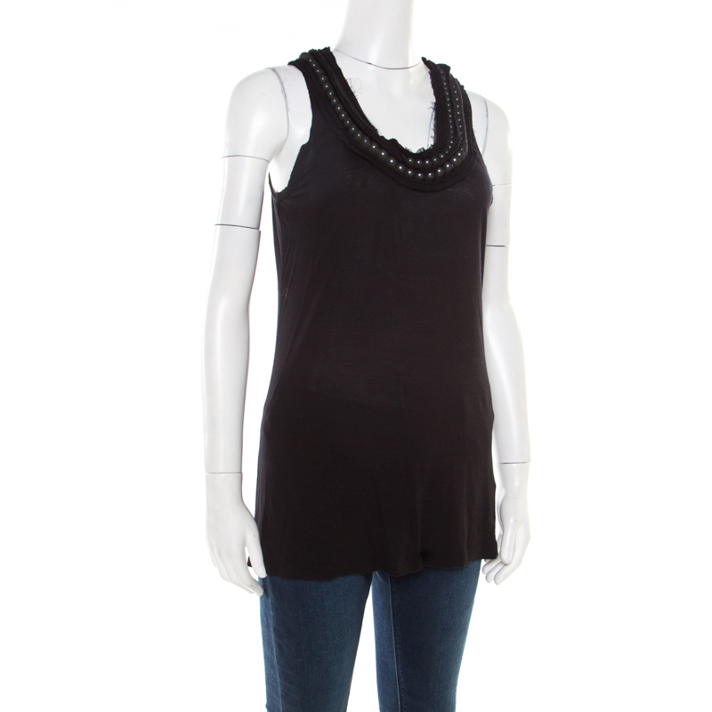 Pre-owned Lanvin Black Embellished Neck Raw Edge Detail Tank Top Xs